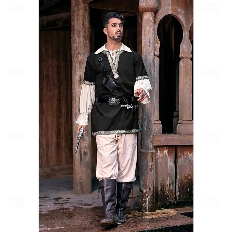 Medieval Renaissance Shirt Tunic Normal Fancy Dress Men's Viking Halloween Performance Ren Faire Adults' Top Summer Spring Fall4