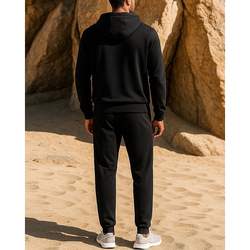 Men's Tracksuit Sweatpants Pullover Sweatshirt Drawstring Pocket Solid Colored Clothing Suit Summer Black Dark Gray Hiking Running Windproof Long Sleeve Sport Activewear Micro-elastic Regular Fit2