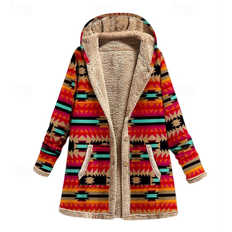 Women's Fleece Jacket Coat Hoodie Jacket Warm Comfortable Zipper Pocket Fashion Modern Casual Geometric Going out Weekend Zipper Regular Hooded Regular Fit Long Sleeve Outerwear Black Orange Winter2