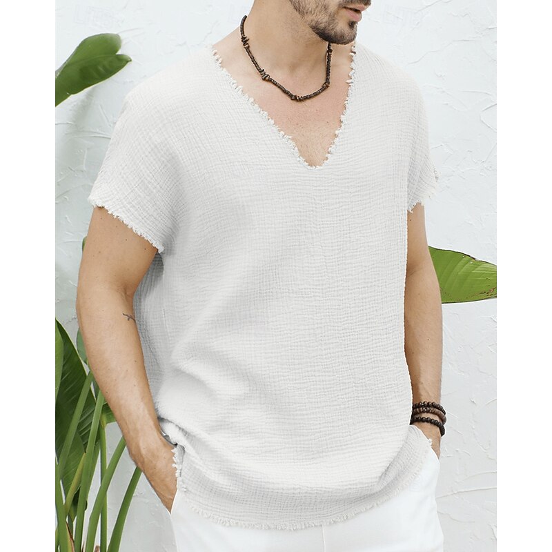 Men's T Shirt Tee Short Sleeve Shirt Tee Top Short Sleeve V Neck Summer Plain Fashion Designer Basic Pleats Vacation Street Going out White Khaki Top Tee for Men4