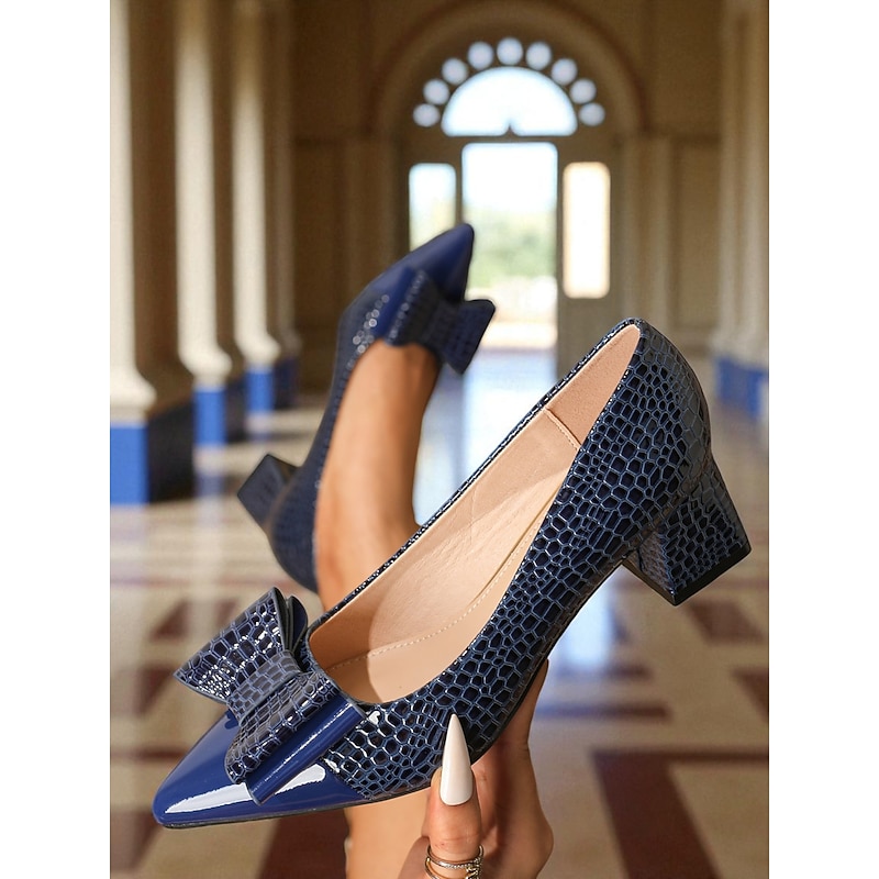 Women's Vintage Croc Embossed Patent Leather Heels - Brown Pointed Toe Pumps with Oversized Bow and Block Heel for Office,Tea Parties,and 1950s-Inspired Outfits2