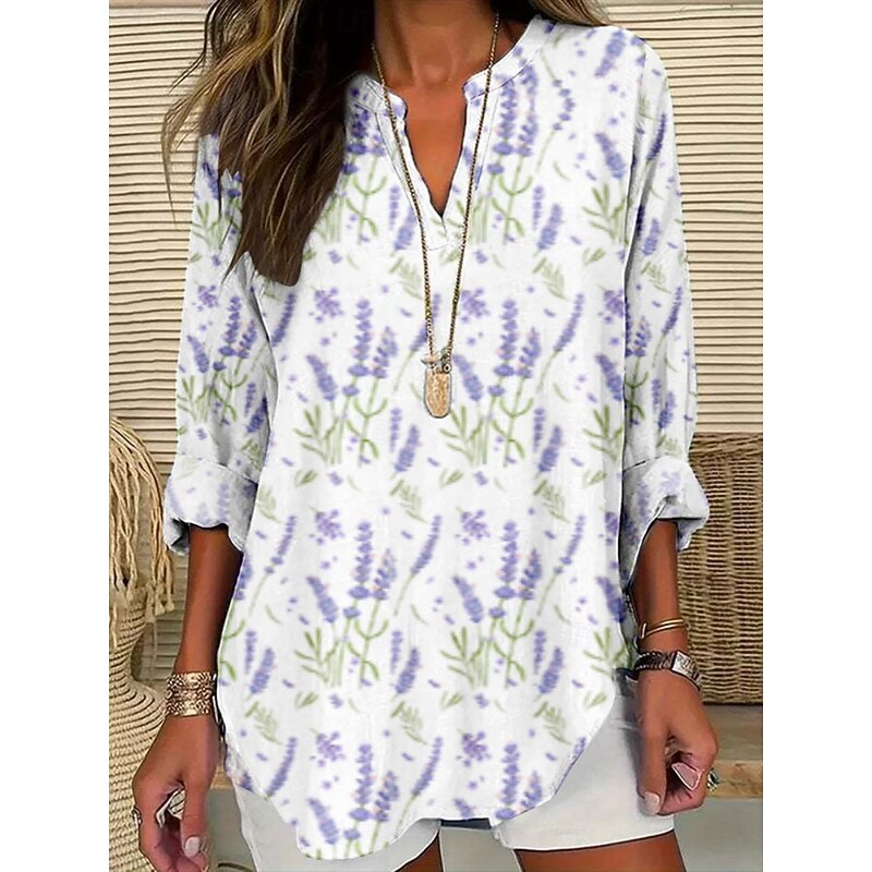 Women's Blouse Floral Stylish Modern Long Sleeve V Neck Regular Tops Daily Holiday Print White Blue Lavender Purple Green Summer3