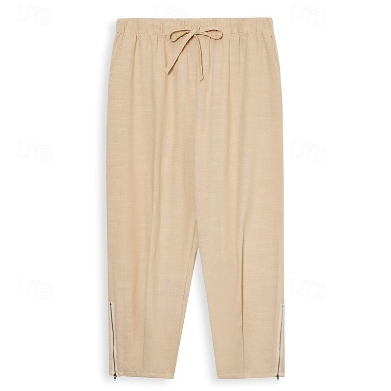 Men's Linen Pants Trousers Summer Pants Baggy Pants Beach Pants Zipper Elastic Waist Drawstring Plain Comfort Breathable Ankle-Length Casual Daily Holiday Vacation Fashion Black White Inelastic2