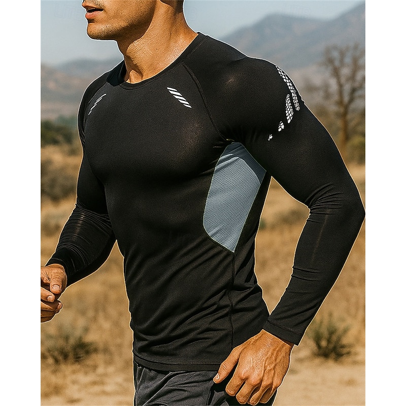 Men's Running Top Running Shirt Long Sleeve Tee Tshirt Color Block Spandex Quick Dry Lightweight Elastic Breathable Tennis Golf Running Sportswear Activewear Blue Black Black White3