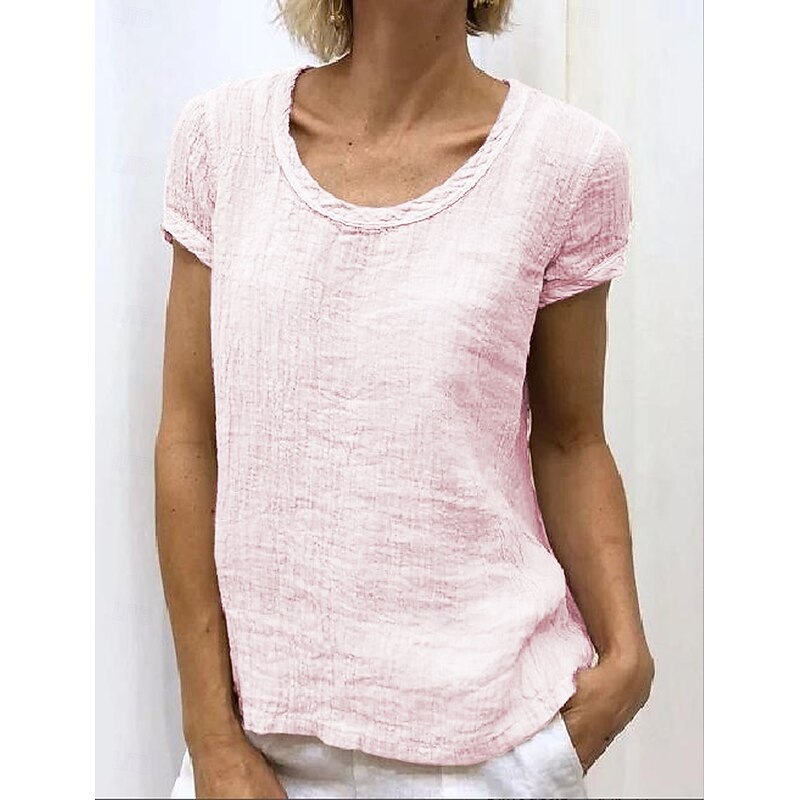Women's Shirt Blouse Cotton Linen Shirts Plain Basic Short Sleeve Round Neck Regular Tops Casual White Pink Sky Blue Green Light Grey 10