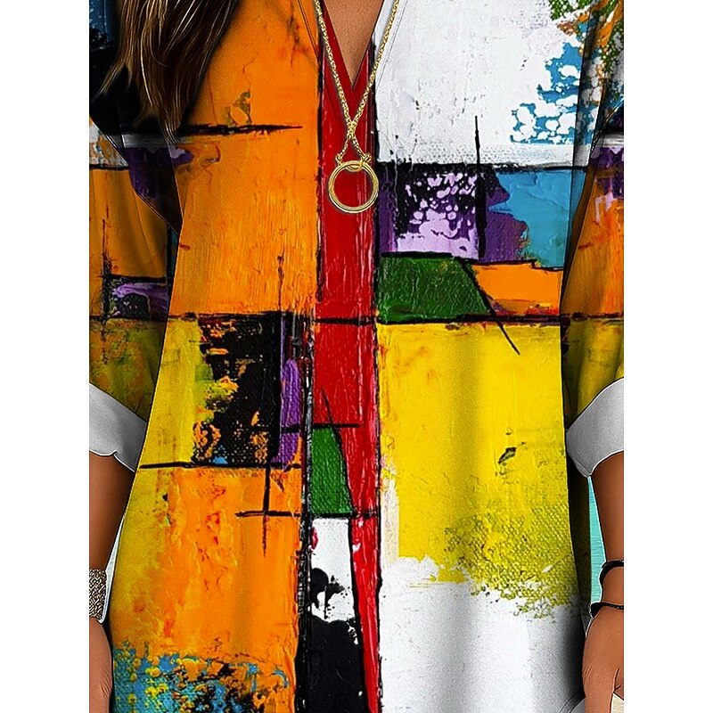 Women's Blouse Tunic V Neck Long Sleeve Boho Casual Tops Graphic Geometric Abstract Vintage Tropical Regular Tops Daily Wear Print Yellow Red Blue Purple Green3