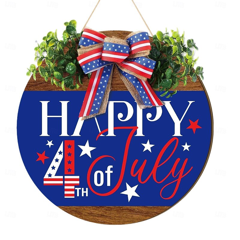 Patriotic Welcome Sign for Front Door 4th of July Independence Day Wreath Decorations Outdoor Door Hanger for Porch, Wall, Window 12"4