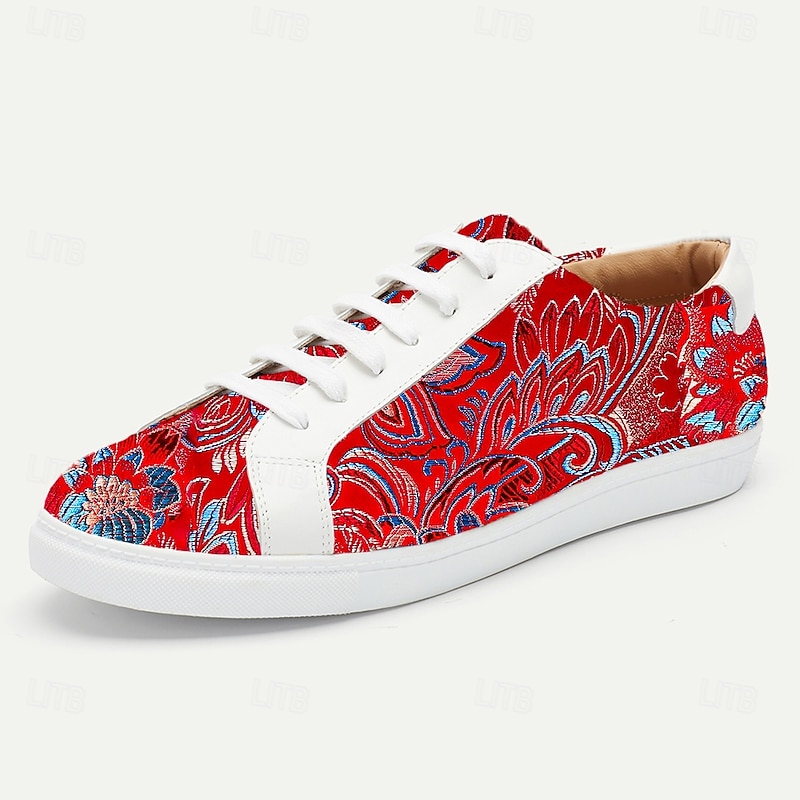 Men's Red Jacquard Fabric Sneakers Lightweight Lace-Up Design with Artistic Floral Pattern Ideal for Streetwear Fashion Casual and Weekend Outfits2