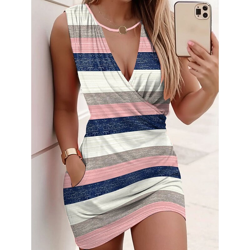 Women's Mini Dress Sheath Dress Wrap Dress Sundress Summer Dress Casual Daily Regular Fit Graphic Striped Sleeveless V Neck Pink Purple Green Gray Summer