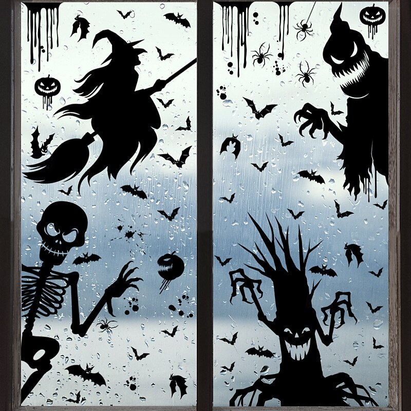 4 Sheets Halloween Window Cling Sticker Decals Decorations Double Side, Ghost Pumpkin Witch Grim Reaper Bat Skeleton Static Stickers for Halloween Party Supplies3