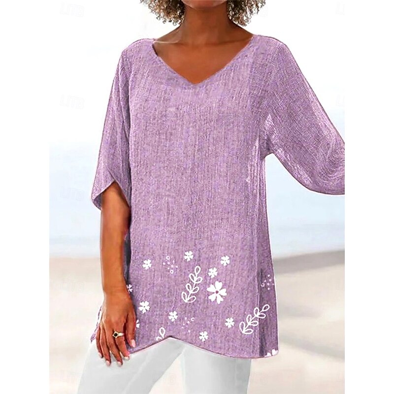 Women's Blouse Long Sleeve Asymmetrical Hem Floral Graphic Leaf Hawaiian Stylish Casual 3/4 Length Sleeve V Neck Regular Tops Daily Holiday Going out Print Asymmetric Hem Yellow Light Purple Fuchsia2