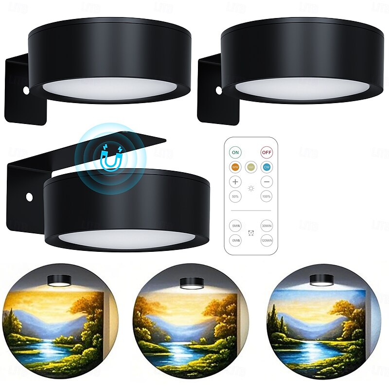 Picture Lights for Wall Battery Operated Magnetic Poster Lights with 3 Color Temps & 12 RGB Remote Dimmable Timer Painting Light Wall Decor Light for Art Display Frame (3 Pack)3