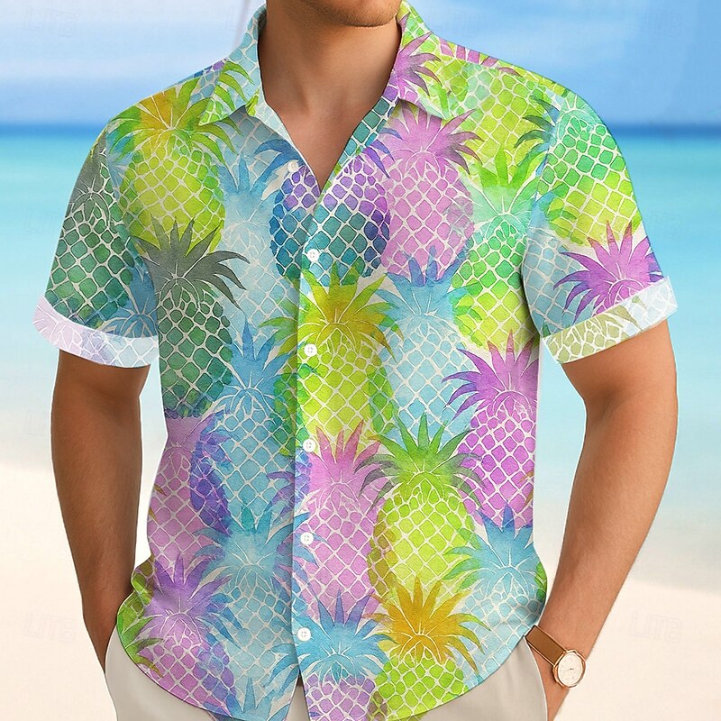 Men's Fruit Pineapple Tropical Summer Hawaiian Shirt Button Up Shirt Aloha Shirt Short Sleeve Hawaiian Vacation Beach Wear Summer Spring Turndown 3D Print Collared Shirts Light Khaki Blue Dark Green
