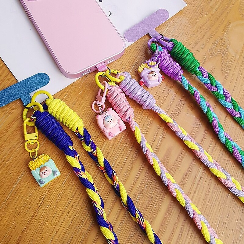 New crossbody can carry three strand ponytail mobile phone lanyard for women anti lost phone case lanyard sturdy cartoon pendant mobile phone long rope4