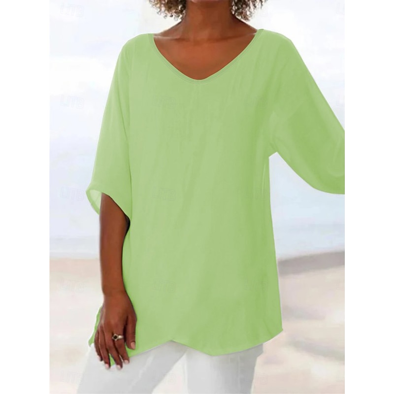 Women's Blouse Long Sleeve Asymmetrical Hem Solid Color Graphic Plain Hawaiian Stylish Casual 3/4 Length Sleeve V Neck Regular Tops Daily Holiday Going out Print Asymmetric Hem Black White3