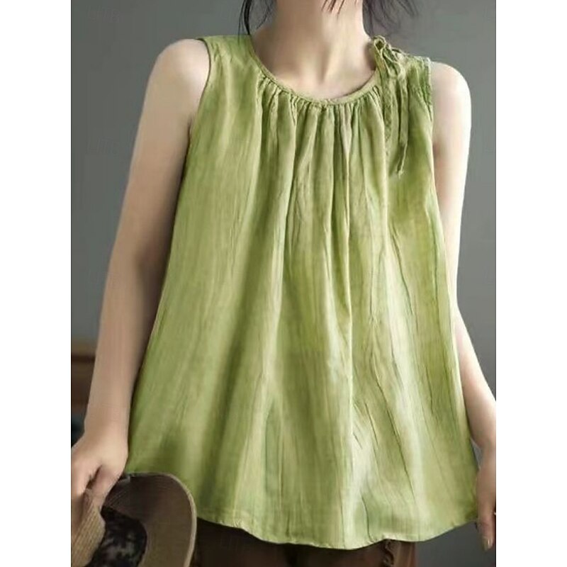 Women's Cotton Linen Shirts Camisole Tank Top Solid Color Basic Casual Sleeveless Crew Neck Regular Tops Daily Black Navy Blue Purple Green Gray Summer2