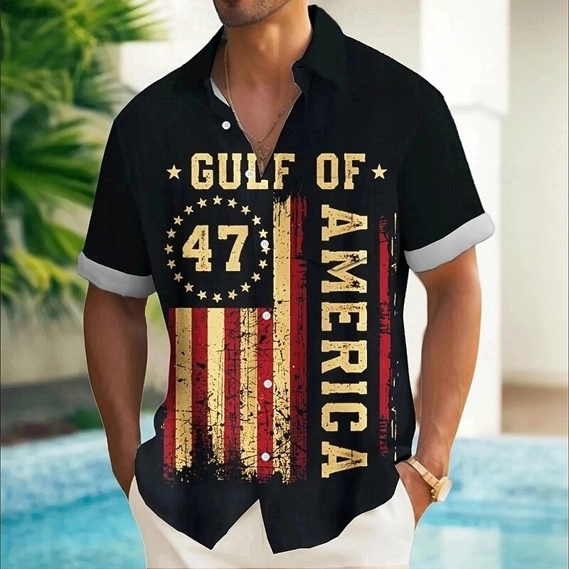 Independence Day Men's Patriotic 47 Gulf of America Flag Shirt Summer Shirt Button Up Shirt Short Sleeve Fashion Casual Holiday Summer Spring Turndown 3D Print Collared Shirts Front One Pocket Black2