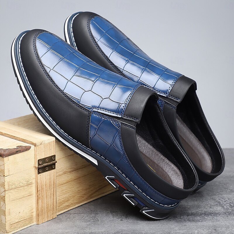 Men's Blue and Black Casual Slip-On Shoes – Crocodile Pattern Upper with Contrast Sole, Modern Lightweight Shoes for Travel, Business Casual and Daily Wear2