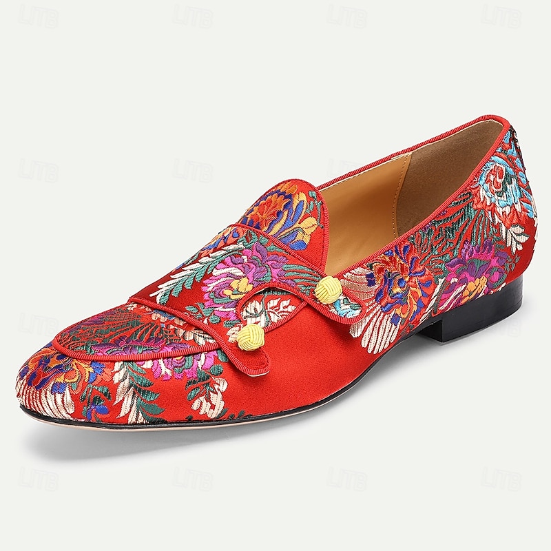 Men's Red Premium Cowhide Mules with Floral Embroidery and Buckle Detail – Fashionable Slip-Ons for Evening Parties, Weddings and Formal Gatherings2