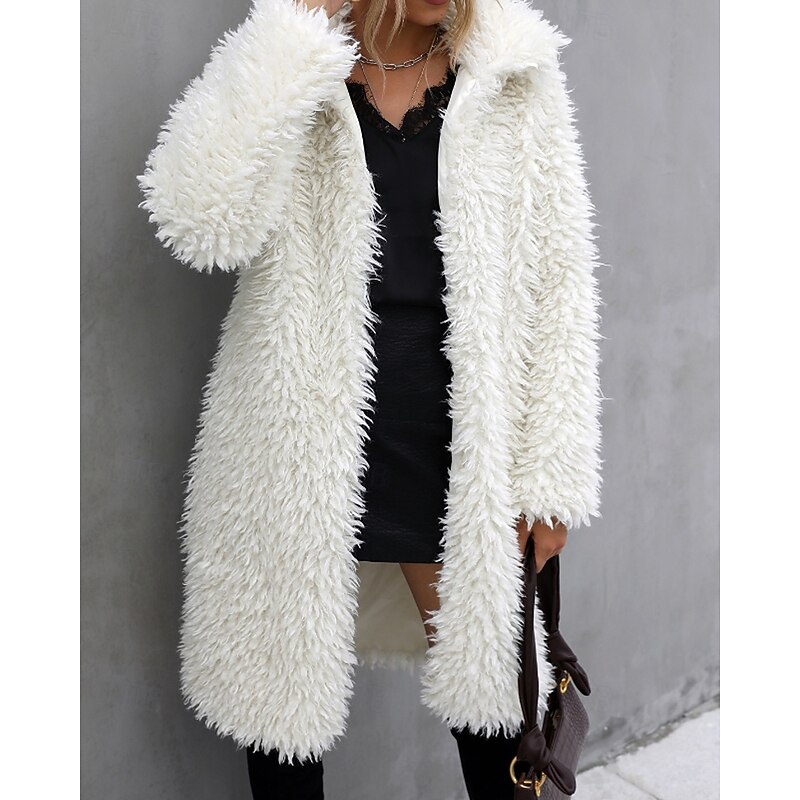Women's Coat Warm Comfortable Fur Collar Fashion Plain Vacation Holiday Going out Open Front Long Turndown Regular Fit Long Sleeve Outerwear White Fall Winter3