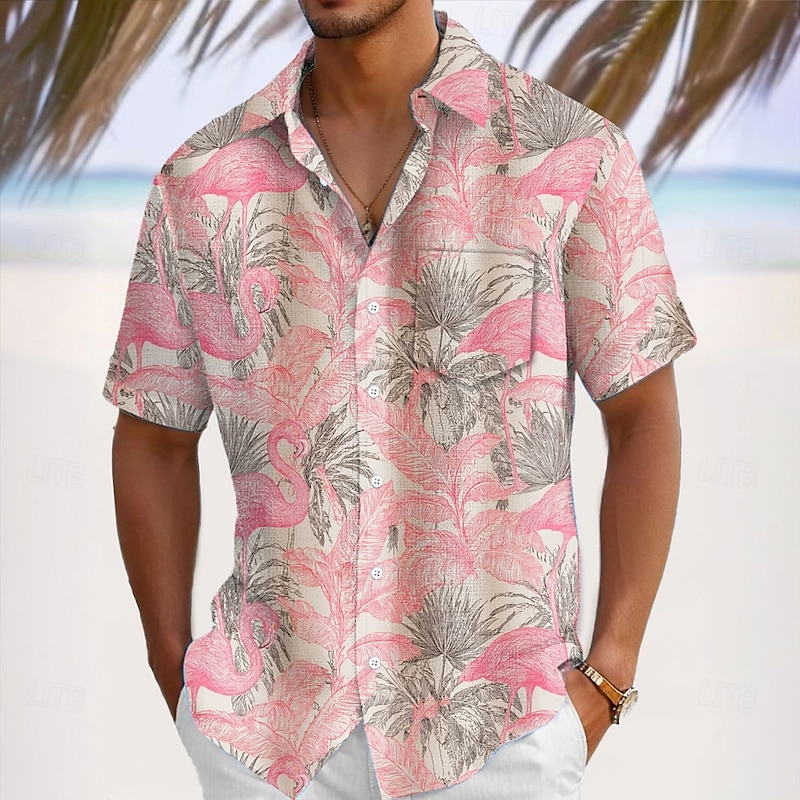 Men's Flamingo Bird Tropical Plants Summer Hawaiian Shirt Button Up Shirt Aloha Shirt Short Sleeve Shirt Turndown Hawaiian Vacation Holiday Beach Wear Light Pink Pink S M L