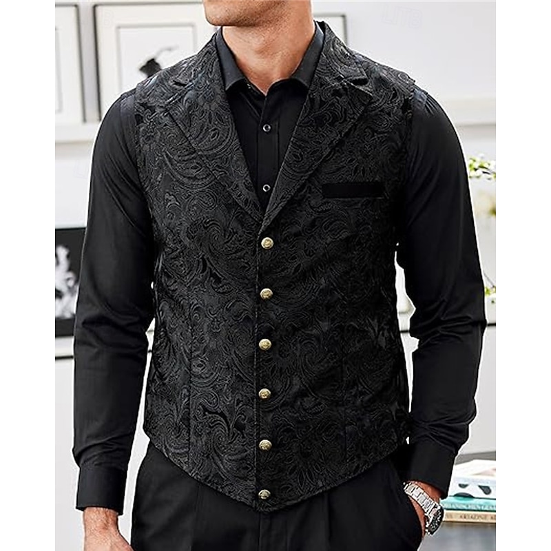 Men's Vest Waistcoat Gilet Vacation Party Business Fashion Casual Spring Fall Pocket Buttons Polyester Comfortable Print Single Breasted One-button Lapel Regular Fit Black Yellow Vest