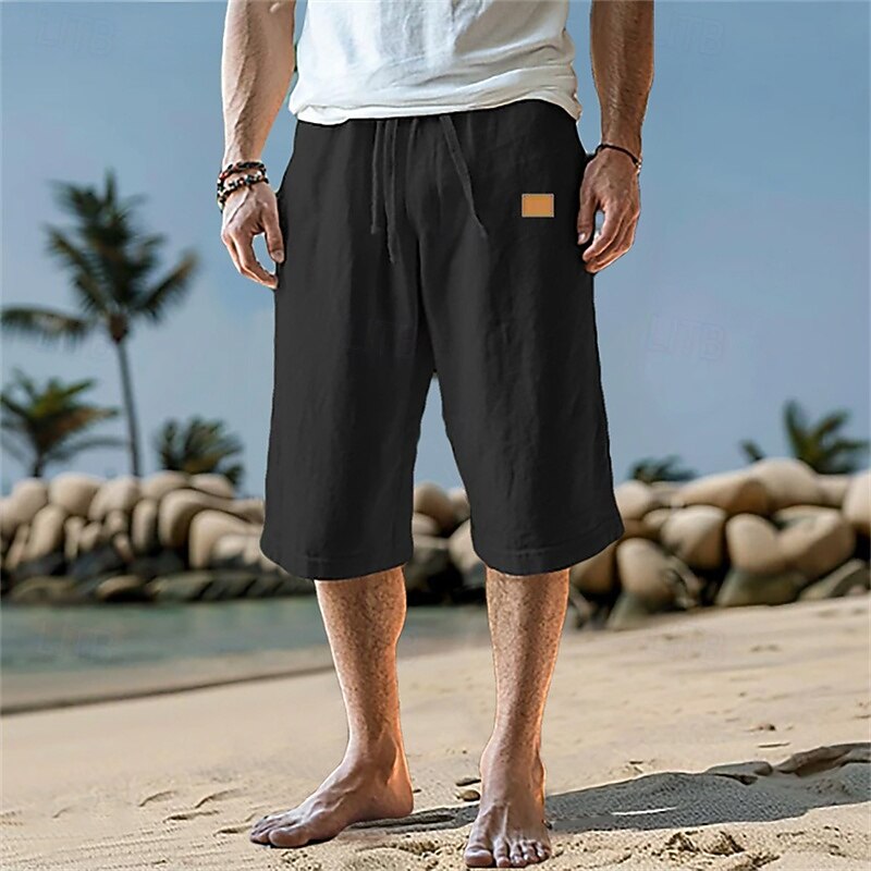 Men's Capri Pants Linen Shorts Summer Shorts Beach Shorts Pocket Drawstring Elastic Waist Plain Comfort Breathable Calf-Length Vacation Holiday Beach Hawaiian Boho Black White Micro-elastic4