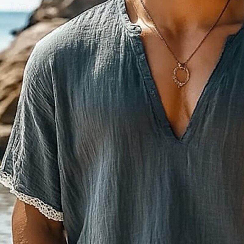 Men's T Shirt Tee Short Sleeve Shirt Tee Top Short Sleeve V Neck Summer Solid Color Bohemia Vintage Casual Patchwork Vacation Street Casual Daily Navy Blue Top Tee for Men2