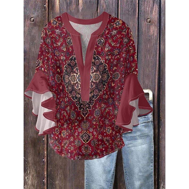 Women's Blouse Paisley Stylish Modern 3/4 Length Sleeve V Neck Regular Tops Daily Holiday Ruffle Print Black Wine Blue Khaki Summer2