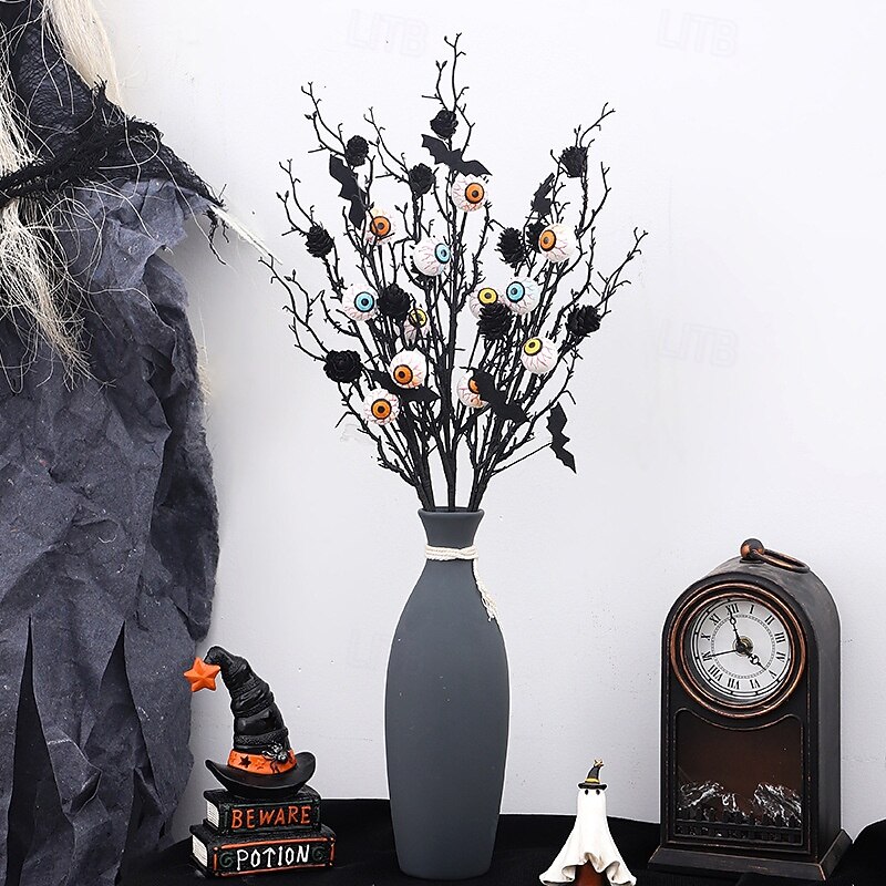 1 Bundle Halloween Artificial Flower, Creative Maple Leaves, Bats, Pinecones & Eyeball Stem Bouquet, Spooky Home Decor Party Decoration Accessories
