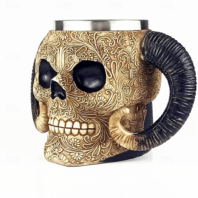 Halloween Skull Mug Devil Ram Horn Skull Beer Stein Creative 3D Stainless Steel Beer Mug, Large Capacity Halloween Drinkware, Perfect for Parties & Collectors3