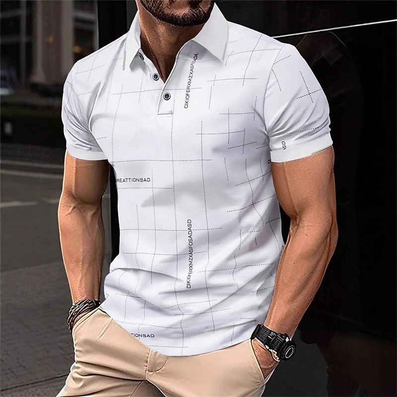 Men's Polo Button Up Polos Casual Sports Lapel Short Sleeve Fashion Basic Plaid Buttons Summer Spring Black White Polo