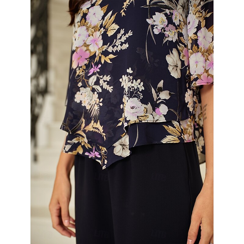 Women's Chiffon Tops Floral Graphic Elegant Daily Stylish Half Sleeve Bell Sleeve Crew Neck Regular Tops Wedding Guest Work Daily Layered Navy Blue Summer Spring Fall2