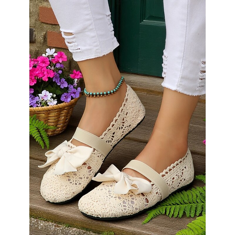 Women's Wide Width Crochet Lace Flats with Bow – Lightweight Romantic Style for Garden Dates, Summer Picnics and Casual Outdoor Events3