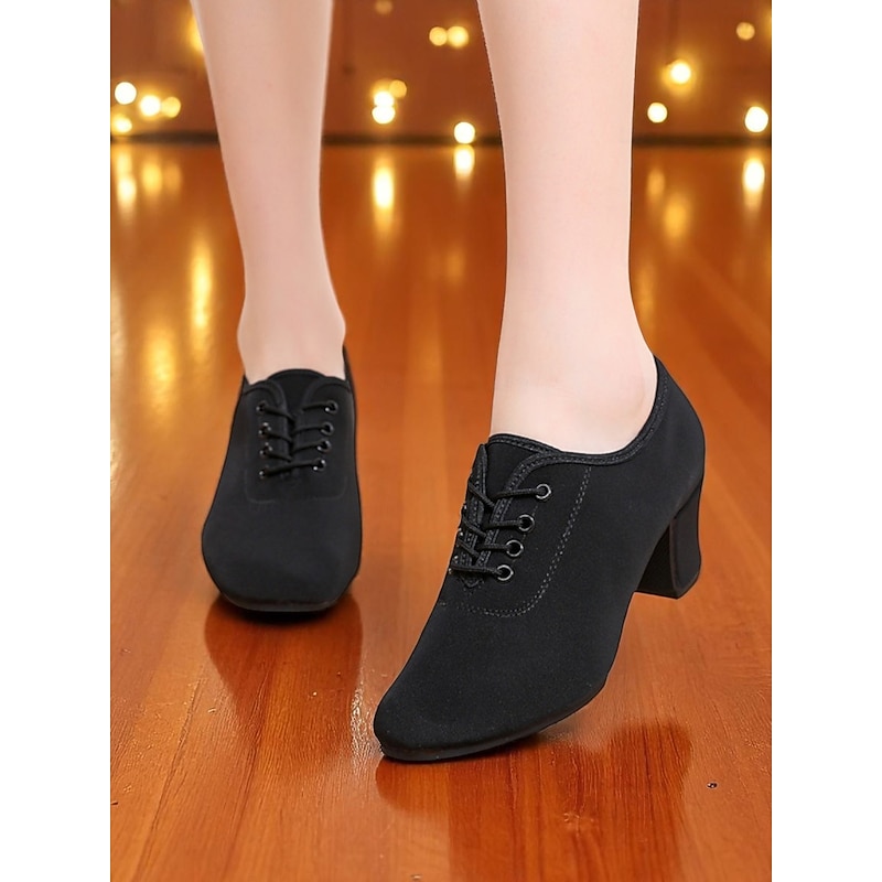 Women's Black Oxford-Style Canvas Dance Shoes with Lace-Up Closure and Block Heels for Professional Latin, Ballroom, or Jazz Practice4