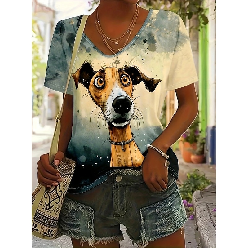 Women's T Shirt Graphic Animal Dog Vintage Stylish Classic Short Sleeve V Neck Regular Tops Daily Going out Weekend Print White Yellow off-white Summer Spring