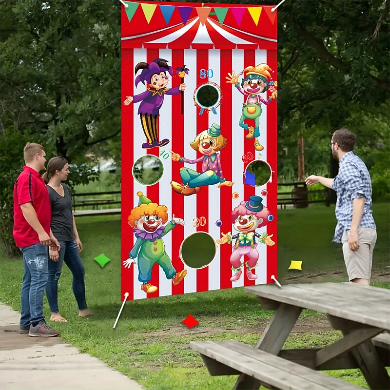 Circus Game  Outdoor Party Vibrant Outdoor 1pc Circus Game Sandbag Flag  53 x 30 Durable Satin Banner with Colorful Clowns & Toss Games for Family Fun Garden or Backyard Decor2
