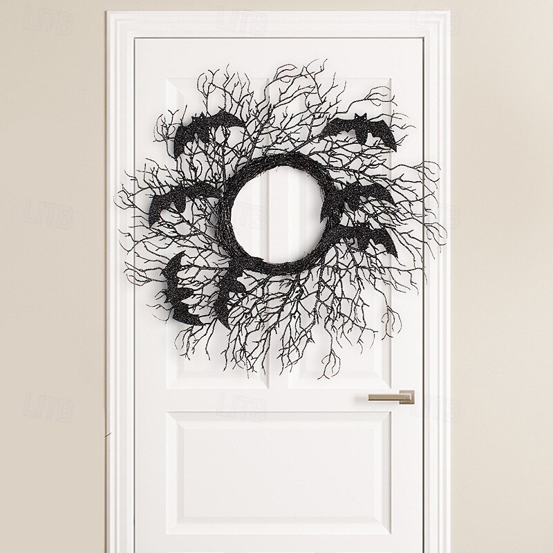 Halloween Wreaths for Front Door Indoor Outdoor Decoration, Faux Black Dead Branch Vine Wreath with Bat Accents for Party and Window Hanging Decor2