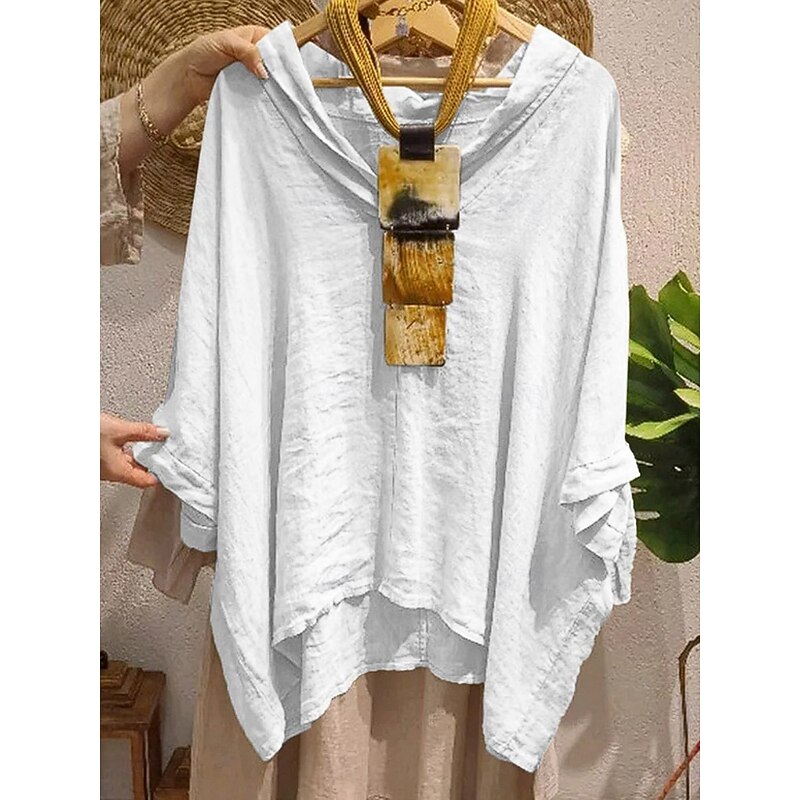 Women's Cotton Linen Shirts Solid Color Basic Casual 3/4 Length Sleeve V Neck Long Tops Daily Black White Yellow Army Green Navy Blue Summer Spring3
