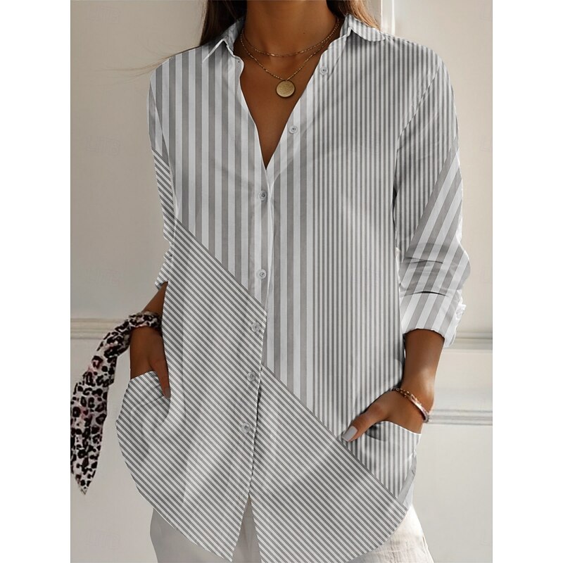 Women's Shirt Striped Active Daily Stylish Long Sleeve Shirt Collar Regular Tops Daily Holiday Buttons Print Blue Purple Green Khaki Gray Spring Fall4