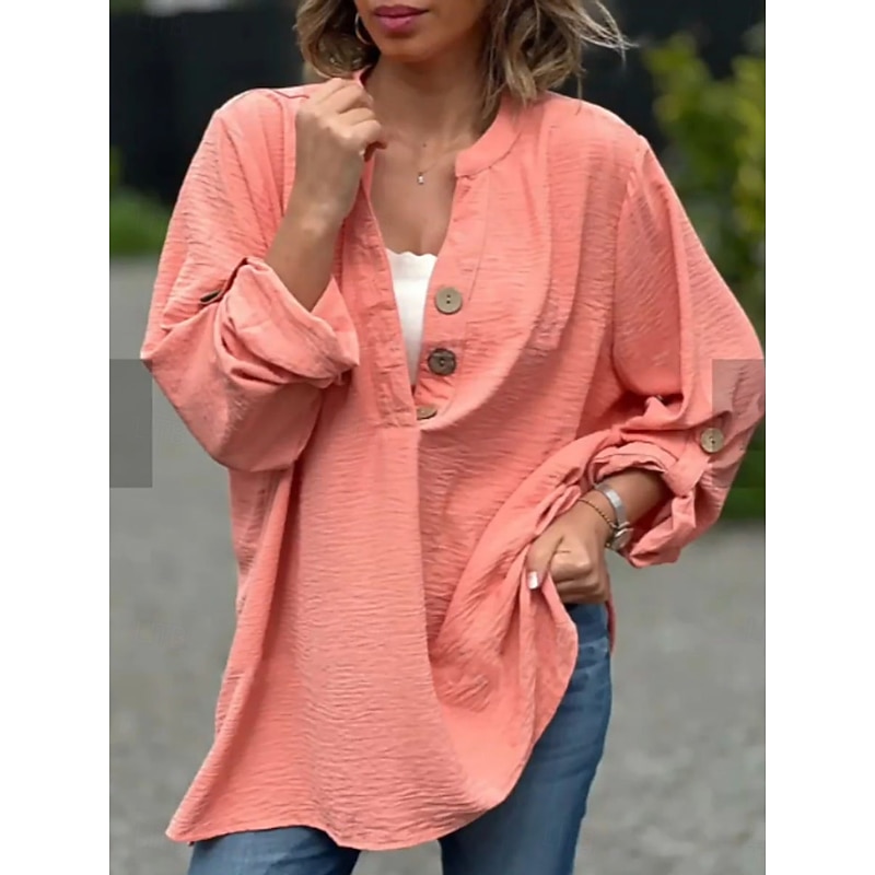 Women's Cotton Linen Shirts Solid Color Basic Casual Long Sleeve Crew Neck Regular Tops Daily Buttons Yellow Pink Blue Summer Fall2