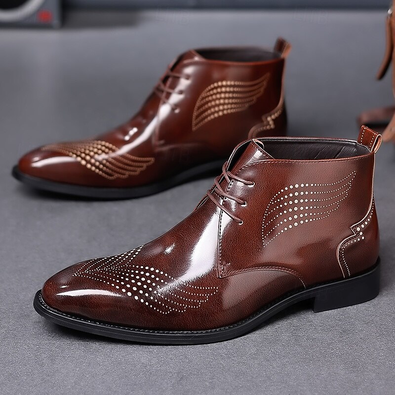 Men's Glossy Burgundy Faux Leather Wingtip Brogue Ankle Dress Boots – Formal Lace-Up Shoes for Weddings & Business4