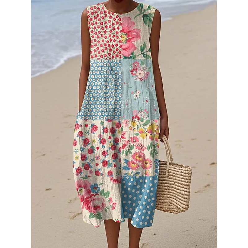 Women's Midi Dress Sundress Shift Dress A Line Dress Vacation Casual Boho Party Going out Beach Loose Fit Floral Graphic Sleeveless Crewneck Light Blue White / Purple Pink Blue Summer Spring3