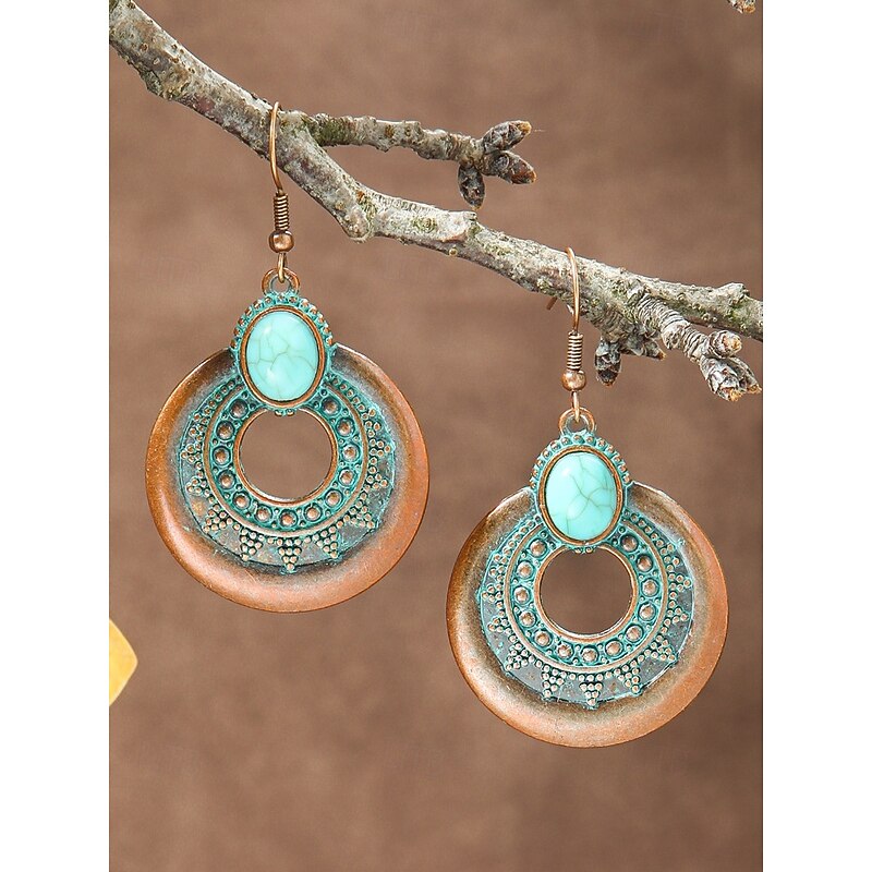 Women's Boho Vintage Turquoise Dangle Earrings Set - Vintage Tribal Style Lightweight Dangle Earrings with Antique Bronze Finish for Holiday Casual Outings and Gifts2