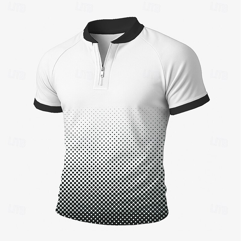 Men's Color Block Geometic Zip Polo Short Sleeve Standing Collar Business Leisure Business Athleisure Casual Daily Zipper 3D Print Summer Robin's Egg Blue Black Green3