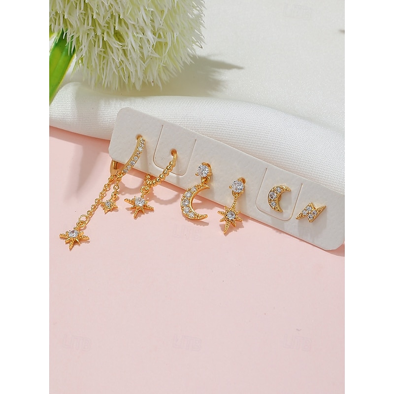 Women's Gold-Plated Star and Moon Mismatched Earring Set – Dainty Celestial Zircon Studs and Drop Earrings for Fashion Parties, Gifts and Everyday Wear4