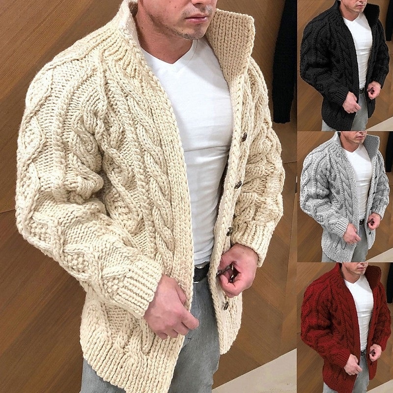 Men's Sweater Cardigan Sweater Cable Knit Regular Tops Knitted Plain Standing Collar Modern Contemporary Casual Casual Daily Wear Clothing Apparel Fall & Winter Wine Red Black M L XL