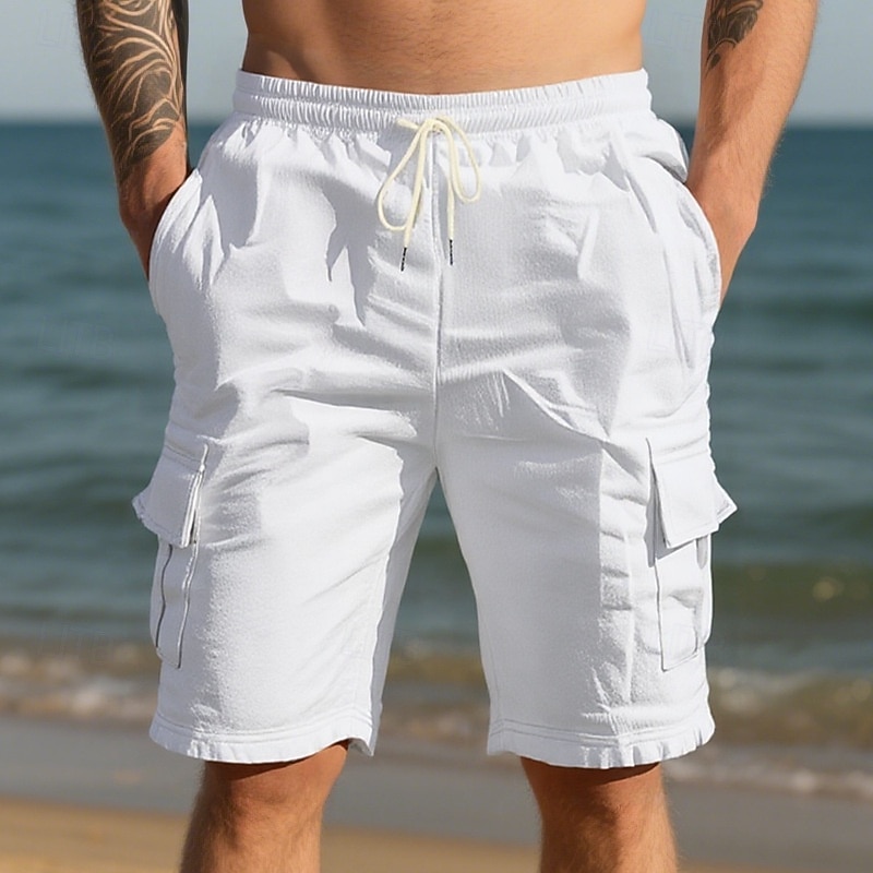 Men's Cotton Linen Shorts Cargo Shorts Shorts Summer Shorts Drawstring Elastic Waist Multi Pocket Plain Comfort Wearable Knee Length Outdoor Sport Daily Fashion Casual Black White