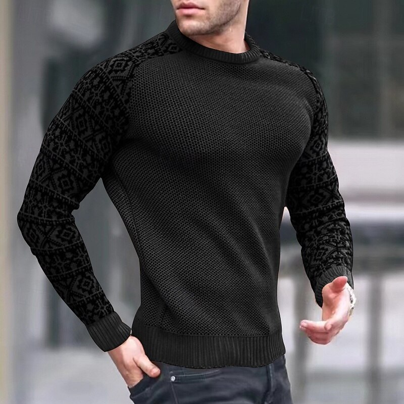 Men's Sweater Pullover Sweater Jumper Knit Sweater Waffle Knit Color Block Crew Neck Elegant Vintage Formal Home Clothing Apparel Bishop Sleeve Fall Winter Black White S M L4
