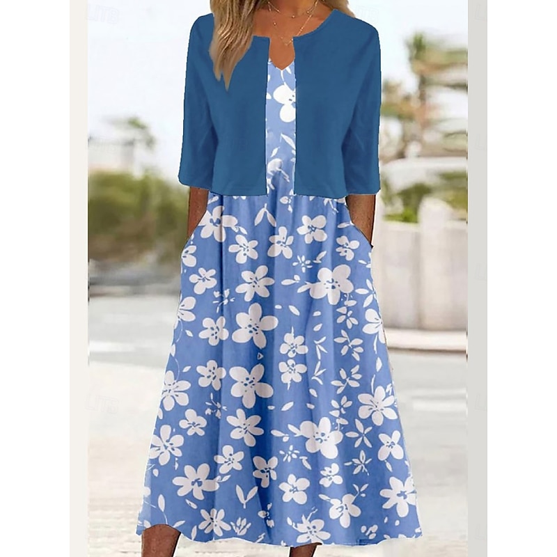 Women's Two Piece Dress Sets Midi Dress with Jacket Elegant A Line Dress Half Sleeve Party Semi Formal Floral Graphic Print V Neck Wedding Guest Daily White Navy Blue Sky Blue Regular Fit2